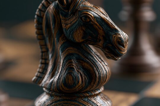 Wooden chess knight with intricate grain patterns. 64k 8k widescreen, HDR