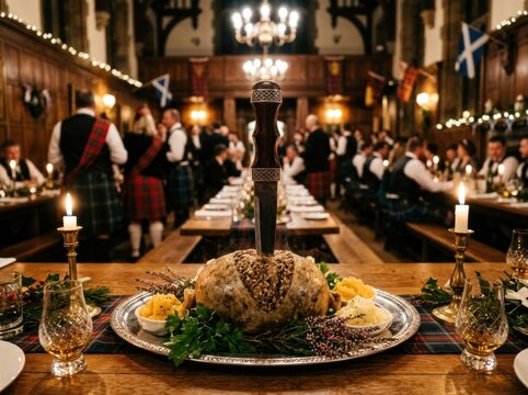 Traditional Scottish Feast with Roasted Turkey and Kilted Guests.