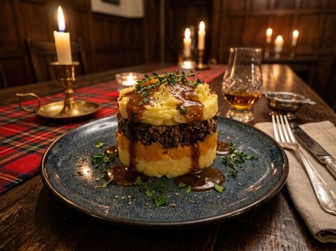 Traditional Scottish Haggis Neeps and Tatties served in a cozy pub setting.
