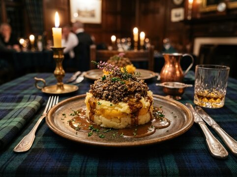 Traditional Scottish Haggis Served with Mashed Potatoes and Neeps in a Cozy Restaurant Setting.