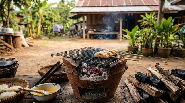 Traditional Outdoor Barbecue Cooking with Skewers on a Clay Stove.