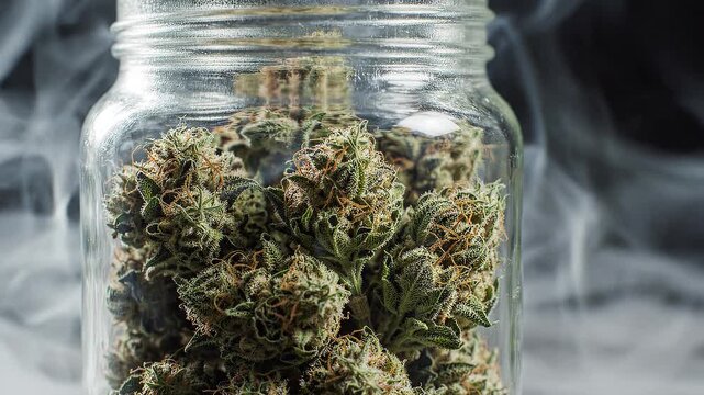 Marijuana buds stored in a glass jar with smoke swirling around