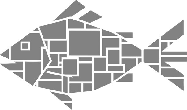 Geometric grey mosaic fish vector illustration created with blocks squares rectangles and abstract shapes on white background
