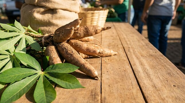 Cassava root and green leaves of the plant on a wooden table in Brazil taken in Mar�lia representing local agriculture traditional food and wellness concepts. cassava root green leaves plant wooden