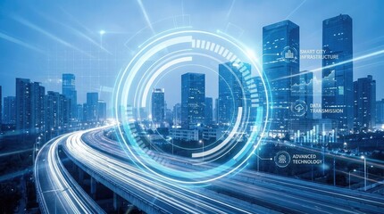 Fototapeta premium Smart city skyline featuring digital highway traffic trails.