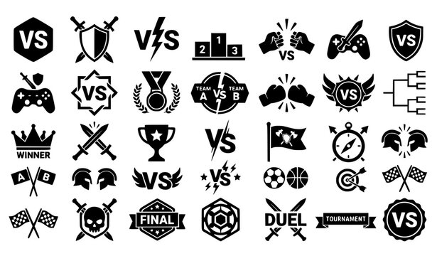 Versus Matchup, Competition Sports, and Gaming Tournament Icon Set Featuring VS Badges, Crossed Swords, Winner Trophies, and Battle Elements for Esports Branding