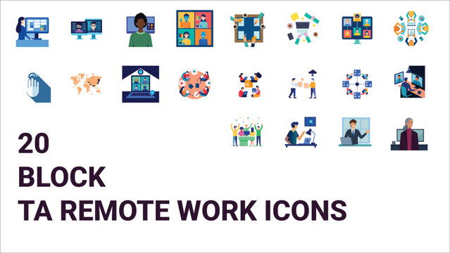 Block TA remote work icons &ndash; freelancing, telecommuting, and distributed team symbols.