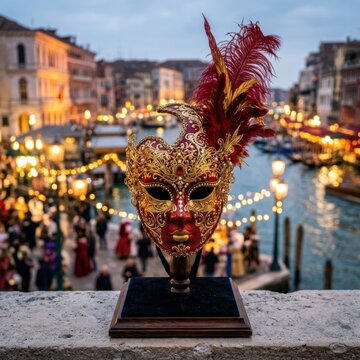 Venetian Masquerade Mask on Grand Canal at Dusk.