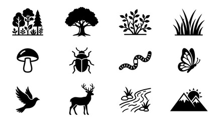 Nature Icons Set: Forest, Tree, Bush, Grass, Mushroom, Bug, Worm, Butterfly, Bird, Deer, Stream, Mountains