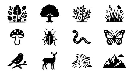 Nature Icons Set: Forest, Tree, Plants, Grass, Mushroom, Bug, Worm, Butterfly, Bird, Deer, River, Mountains