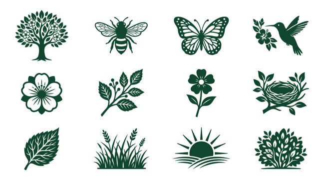 Nature Icons Collection: Tree, Bee, Butterfly, Hummingbird, Flowers, Nest, Leaf, Grass, Sunrise, Bush