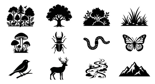 Nature Icons Silhouette Collection: Forest, Animals, Plants, Mountains, River, Butterfly