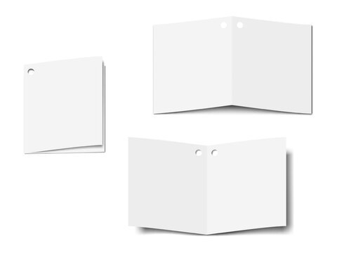 Blank white folded hang tag. Front, back side. Open, closed. Realistic mockup. Hanging hole punched square half fold card. 3d vector mock-up. Template for design