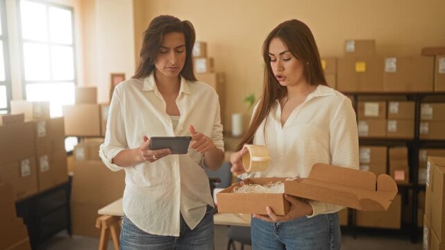 Two women inspect a product while referencing orders on a tablet and pack a parcel into a cardboard box in a small shipping studio with stacked boxes; focused teamwork.