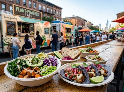 Vibrant Food Truck Festival with Delicious Meals and Lively Atmosphere.