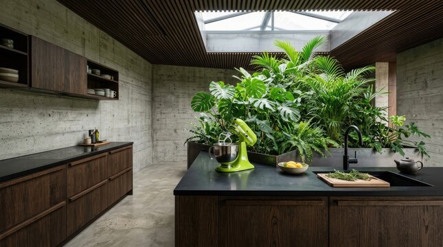 Minimalist kitchen with dark wood cabinets and indoor greenery.
