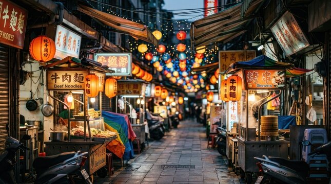 Vibrant Night Market Alley Illuminated by Colorful Lanterns and Food Stalls.