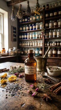 Vintage Apothecary Shop Interior with Herbs and Bottles.