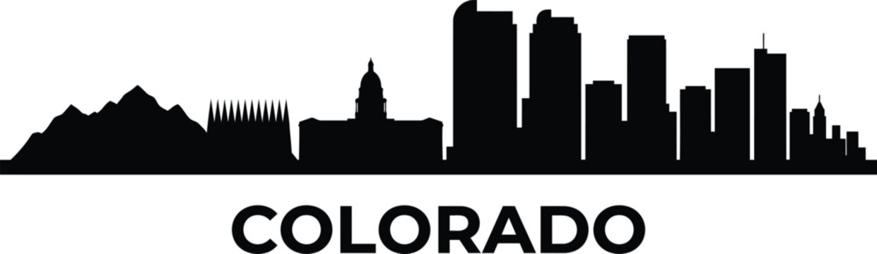 A minimalist black silhouette of the denver colorado city skyline featuring prominent skyscrapers and architectural landmarks