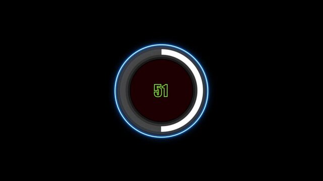 4K Ultra HD Glowing Blue Neon Circular Loading Progress Bar Animation with Green Digital Percentage Counter Counting from 1 to 100 on Black Background, Loopable Tech HUD Element.