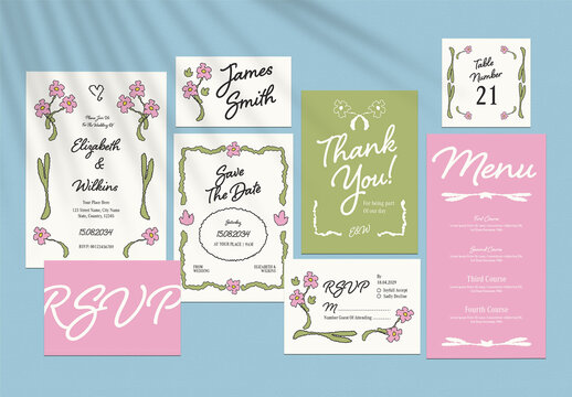Pink Green Drawn Wedding Invitation Set