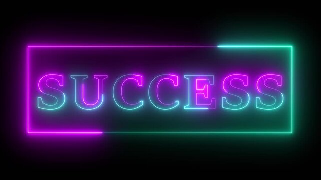 SUCCESS text icon animation glowing neon blue color font letter word business banner sign template signboard poster shop advertisement on black background.4k video.