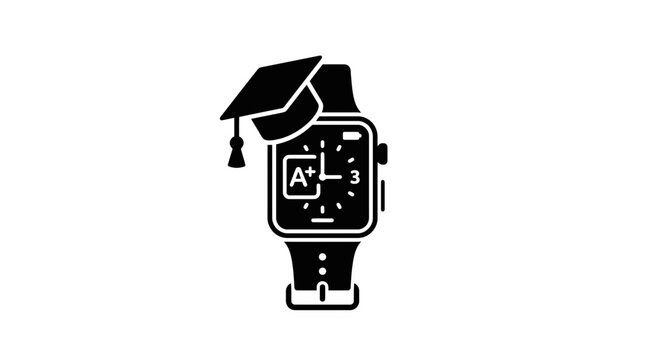 Smartwatch with an academic graduation cap icon displays an A-plus grade representing digital education and student achievement.