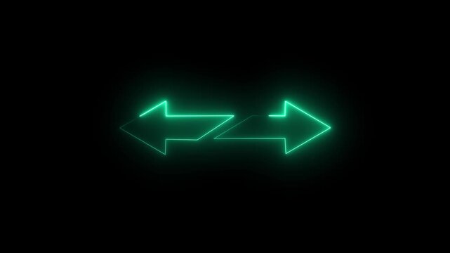 Glowing colorful indicating arrow blinking animation. Neon arrow icon left and right side indicating arrow. Glowing neon Abstract double arrow icon with left and right side animation background video