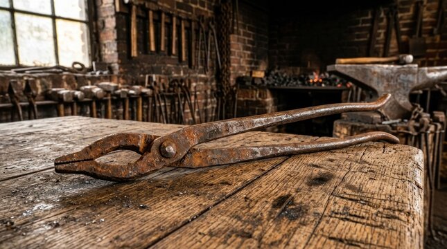 Vintage Blacksmith Tongs Resting on a Weathered Wooden Workbench.