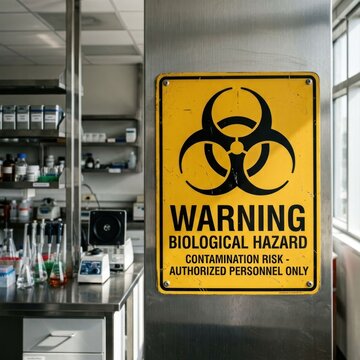 Warning Biological Hazard Contamination Risk Authorized Personnel Only Sign in Laboratory.