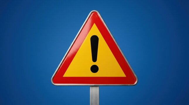 Warning Sign with Exclamation Mark on Blue Background.