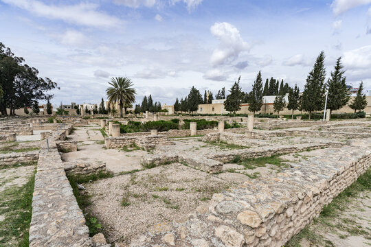 View of the ancient stone ruins and archaeological site near the Amphitheatre of El Jem, with weathered walls, stone columns, and cypress trees in El Jem, Gouvernorat de Mahdia, Tunisia.