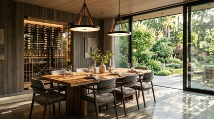 Fototapeta premium Modern dining room opening to a lush garden.
