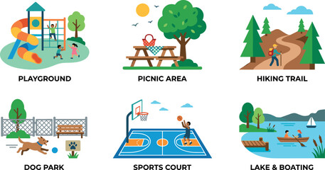Fototapeta premium Public Park Outdoor Activities Icon Set with Playground Picnic Area Hiking Trail Dog Park Sports Court and Lake Boating Vector Illustrations