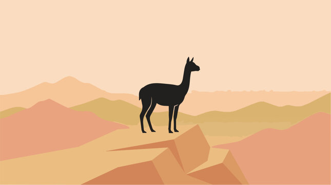 Vicu&ntilde;a llama standing on rocky cliff in mountain desert landscape vector illustration