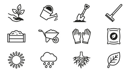 Obraz premium Gardening Icons Set: Plant, Watering Can, Tools, Soil, Sun, Rain, Roots, Leaf
