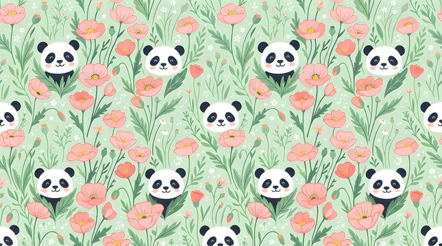 Seamless pattern with cute panda bears and colorful flowers on a light grey background