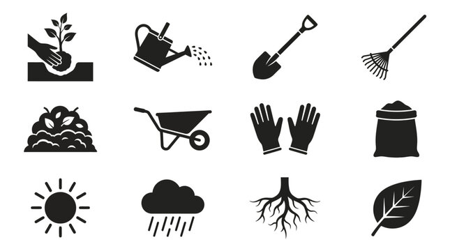 Gardening Icons Set: Planting, Watering, Tools, and Elements for Outdoor Cultivation