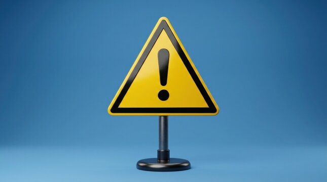 Yellow Warning Sign with Exclamation Mark on Blue Background.
