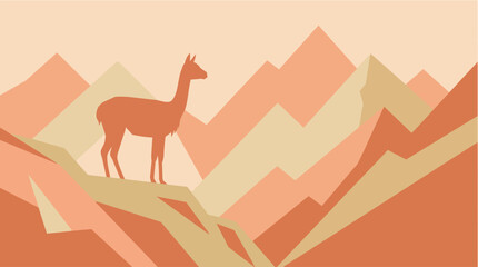 Naklejka premium Minimalist silhouette of a llama standing on a mountain ridge in a flat geometric desert landscape with orange warm tones