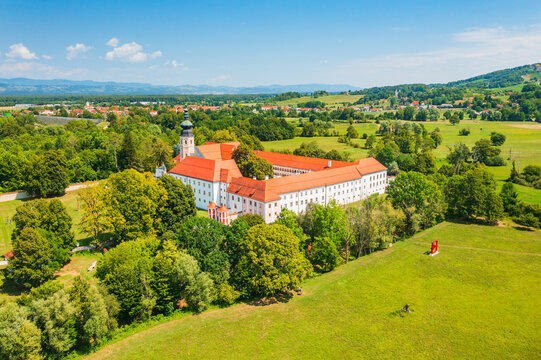 Aerial view of Cistercian monastery in town of Kostanjevica na Krki, Slovenia, Europe