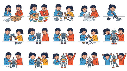 Fototapeta premium Children collaboration building a robot toy step by step sequence illustration