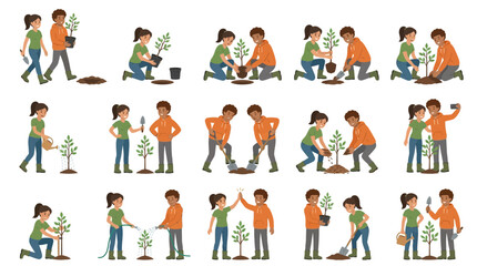 Fototapeta premium Diverse couple planting trees flat vector illustration set