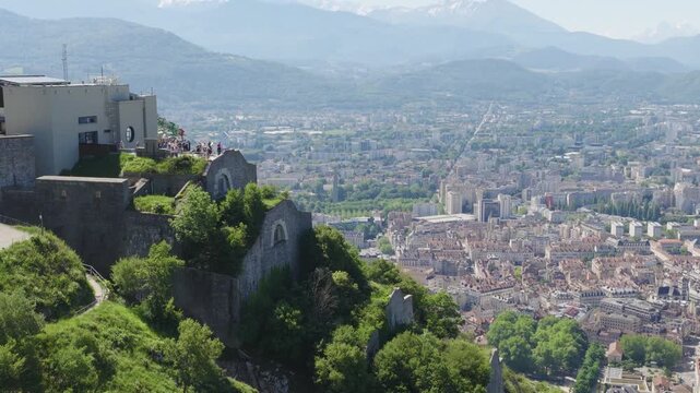 Fort de la Bastille and its cable car bubbles, seen from the heights of Grenoble.