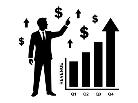 A businessman pointing at a rising revenue bar chart with floating dollar signs and upward arrows representing financial growth
