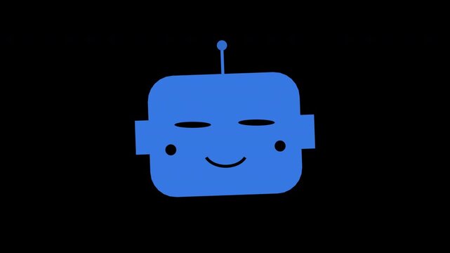 Cute robot face blinking and smiling, friendly AI, signal blue transparent overlay, seamless loop animation