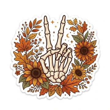 Bohemian style skeleton hand giving a peace sign decorated with sunflowers and fall autumn foliage. Trendy Halloween die-cut vector sticker design isolated on white background.