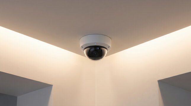 White security dome camera mounted on ceiling corner with modern indirect LED lighting 3d render