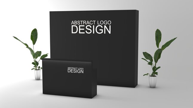 Trade show promo stand mockup. Modern trade show promotional stand with a clean kiosk design, perfect for exhibitions, retail promotions, corporate branding, product launches, and marketing events.