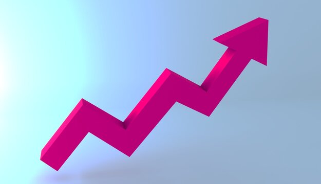 Modern 3D pink growth arrow isolated on a blue background, ideal for business analytics, financial reports, investment, marketing, and performance presentations.